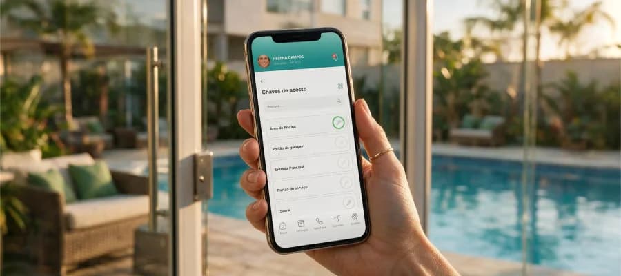 Pessoa segurando celular com a tela de chaves de acesso do app, em frente à área de piscina de um condomínio