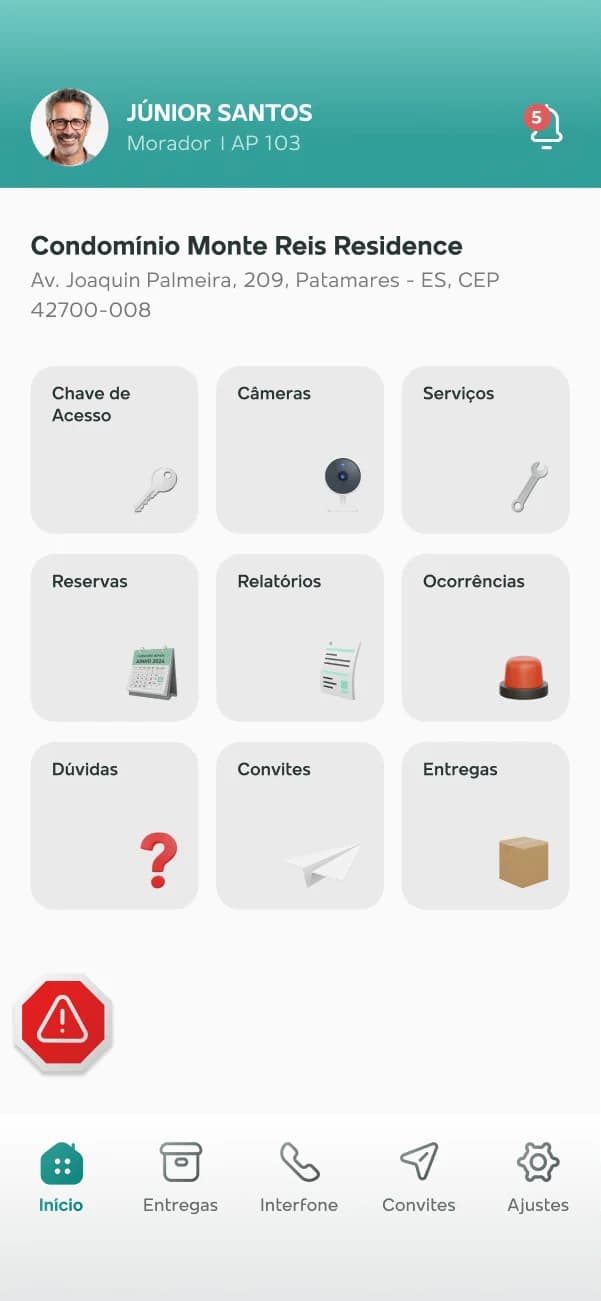 Tela inicial do app Connect Control com atalhos de acesso, câmeras, serviços, reservas, relatórios e ocorrências